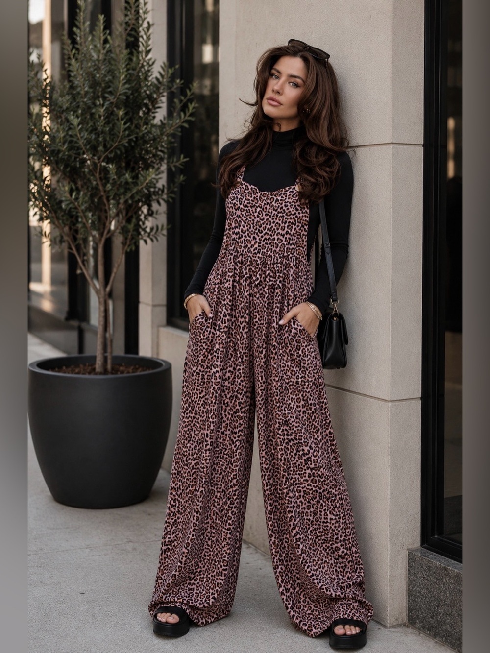 JODIFL Leopard Print Overalls Slouchy Oversized W/ Side Pockets Mauve G4454-1